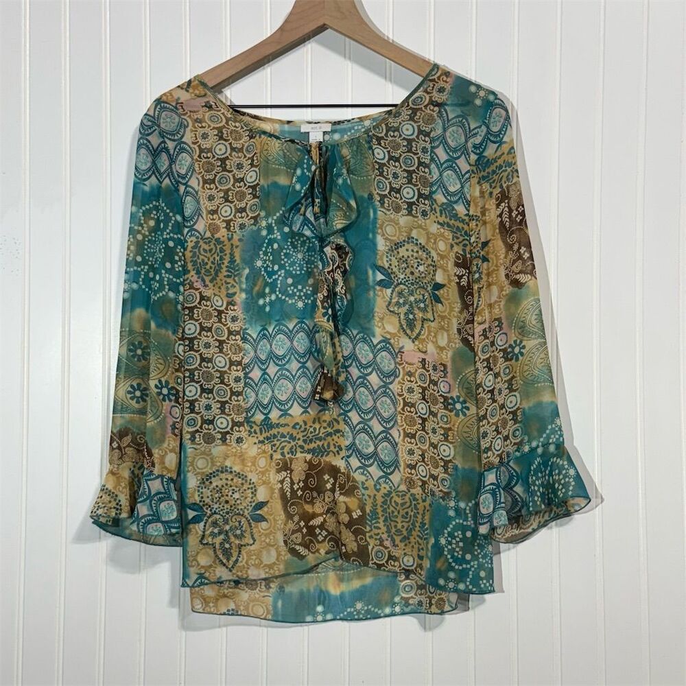 Apt. 9 Patchwork Boho Ruffle Blouse Teal Brown Flare Sleeve Women’s Large